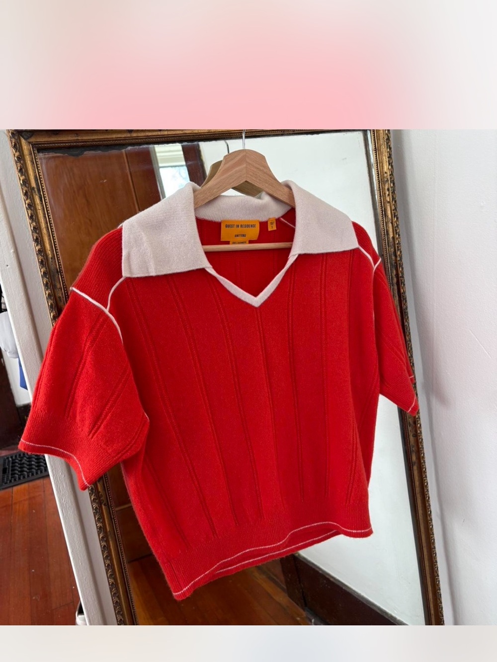 Red Knit Polo Sweater with Contrast Collar